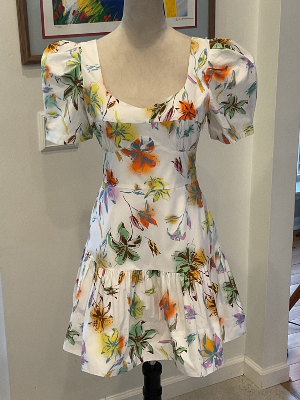 Tanya Taylor White Floral Puff-Sleeve Mini Dress with Orange & Yellow Blooms